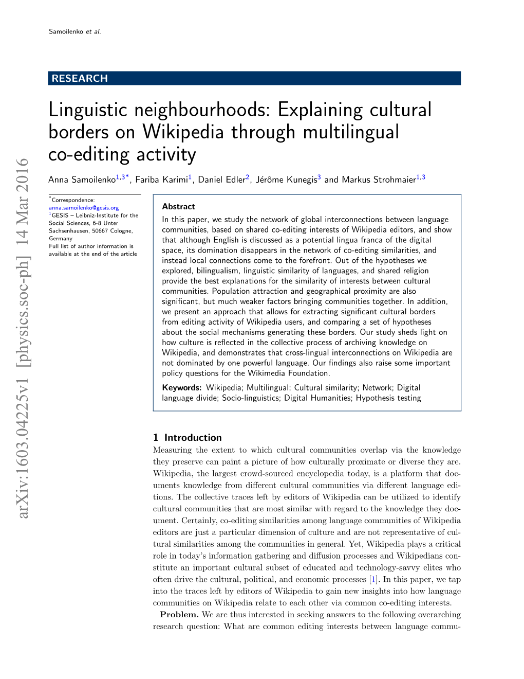 Linguistic Neighbourhoods: Explaining Cultural Borders on Wikipedia Through Multilingual Co-Editing Activity