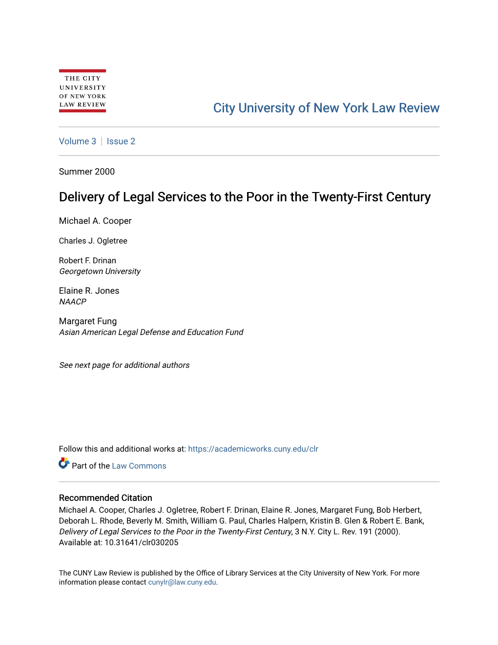 Delivery of Legal Services to the Poor in the Twenty-First Century