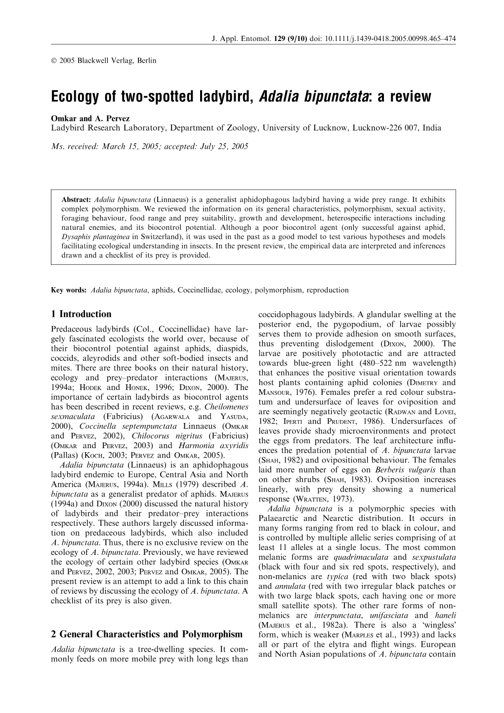 Ecology of Two-Spotted Ladybird, Adalia Bipunctata: a Review