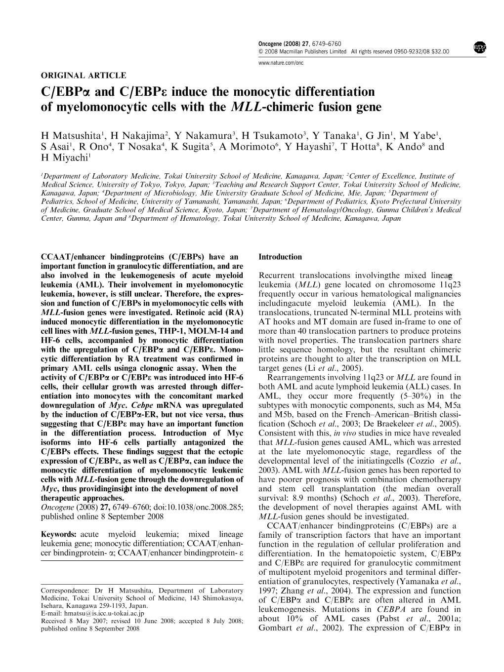 C/Ebpa and C/Ebpe Induce the Monocytic Differentiation of Myelomonocytic Cells with the MLL-Chimeric Fusion Gene