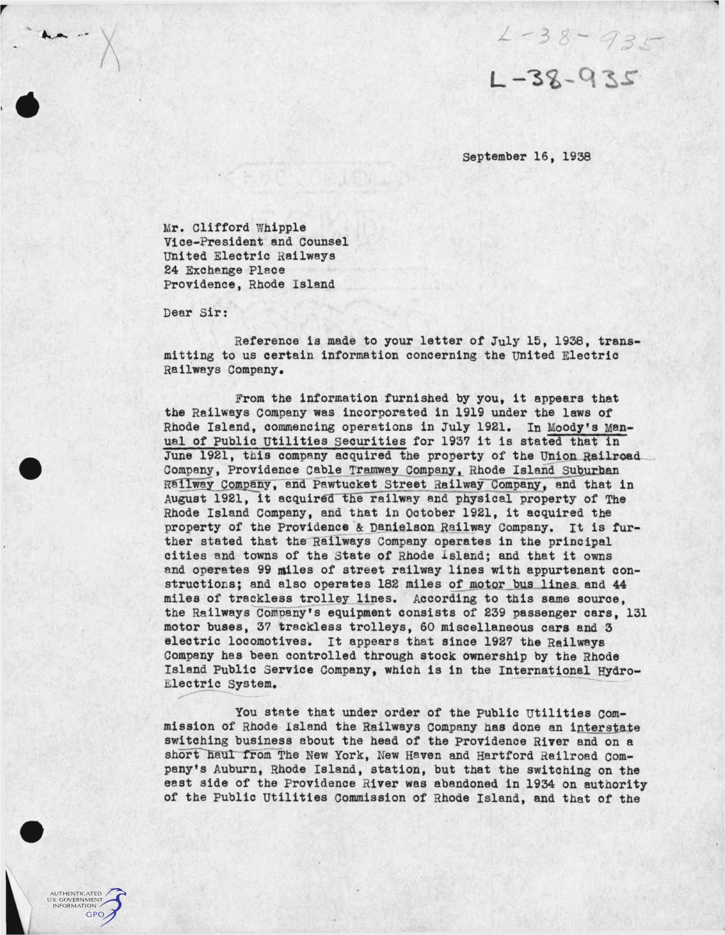 September 16, 1938 Mr. Clifford Whipple Vice-President and Counsel United Electric Railways 24 Exchange Place Providence, Rhode