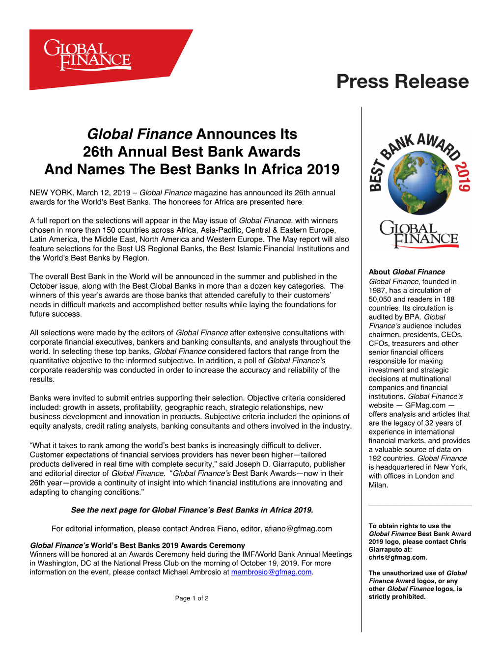 Global Finance Announces Its 26Th Annual Best Bank Awards and Names the Best Banks in Africa 2019