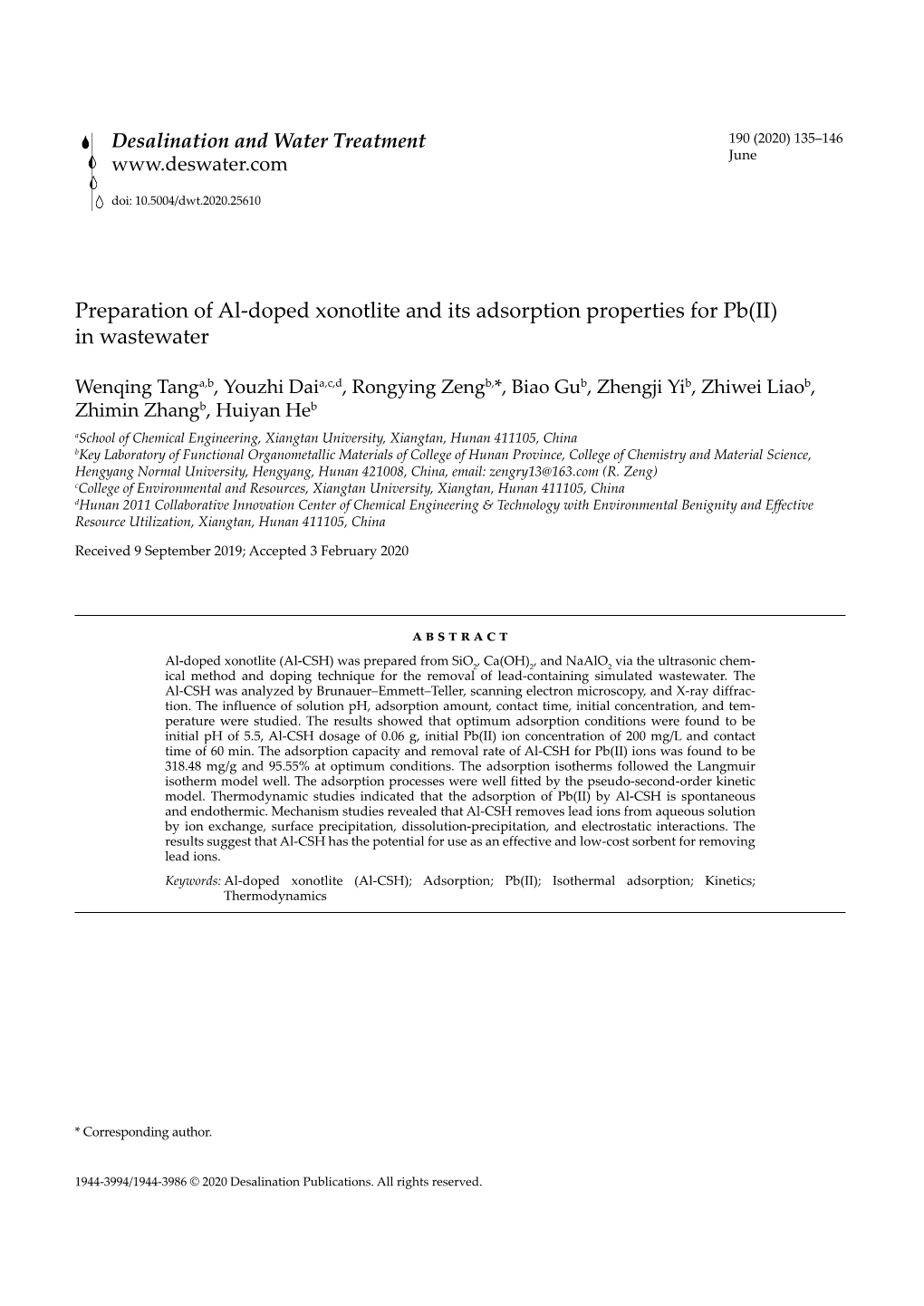 Preparation of Al-Doped Xonotlite and Its Adsorption Properties for Pb(II) in Wastewater