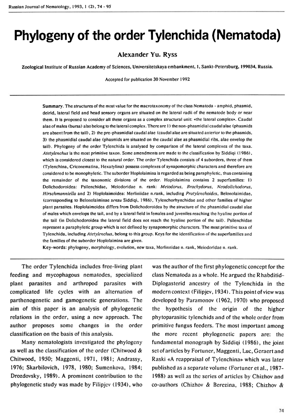 Phylogeny of the Order Tylenchida (Nematoda)