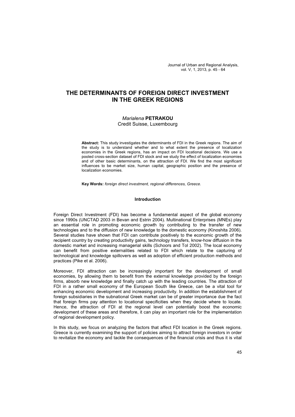 The Determinants of Foreign Direct Investment in the Greek Regions