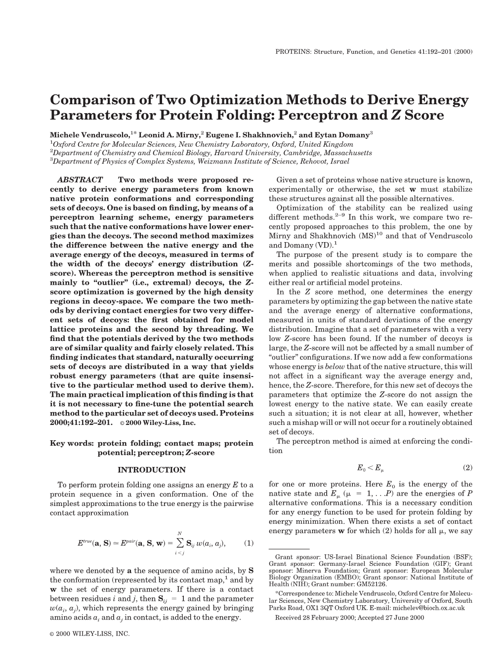 Comparison of Two Optimization Methods to Derive Energy Parameters for Protein Folding: Perceptron and Z Score