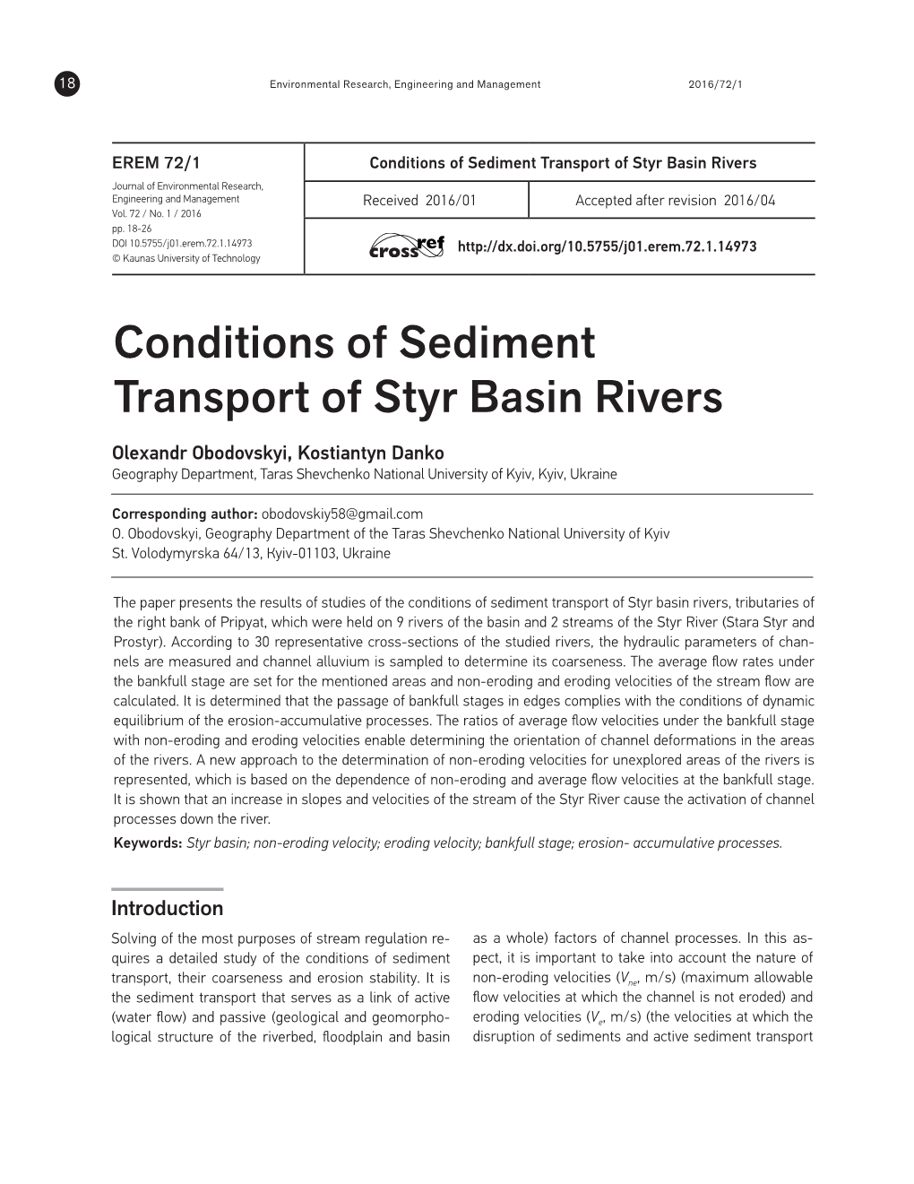 Conditions of Sediment Transport of Styr Basin Rivers