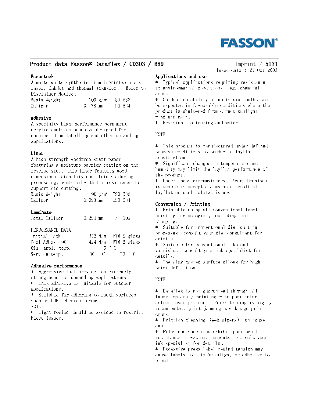 Product Data Sheet for 5171, Fasson- Dataflex / CD303