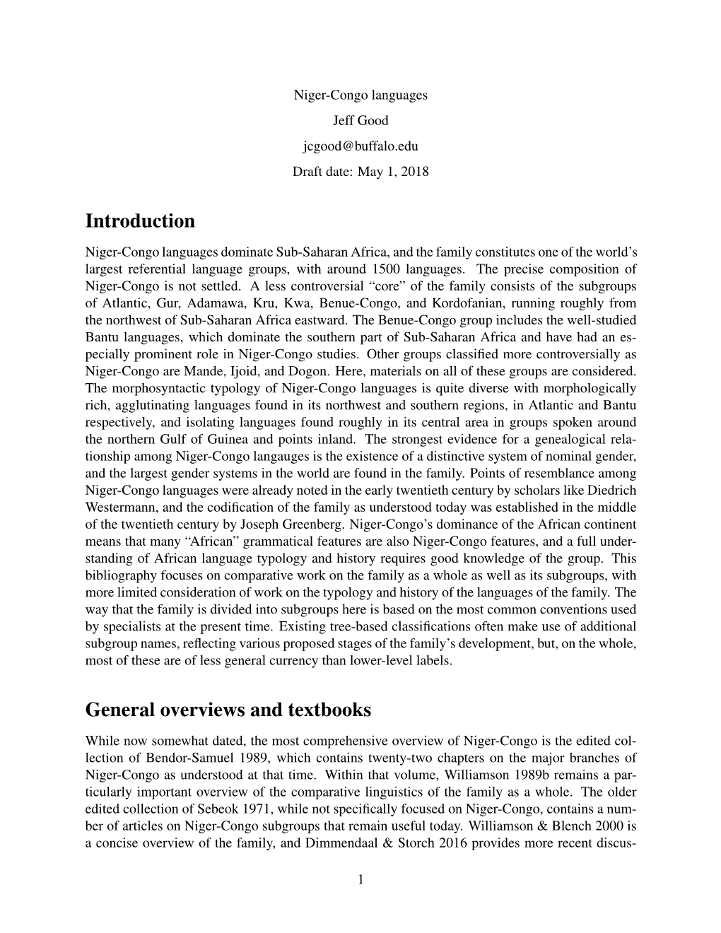 Niger-Congo Languages Jeff Good Jcgood@Buffalo.Edu Draft Date: May 1, 2018