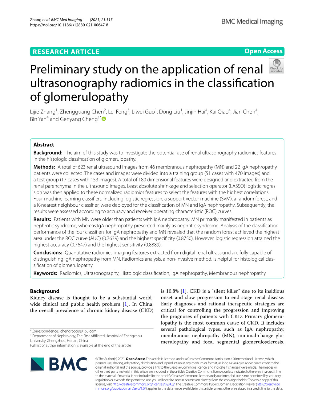 Preliminary Study on the Application of Renal Ultrasonography Radiomics in the Classification of Glomerulopathy