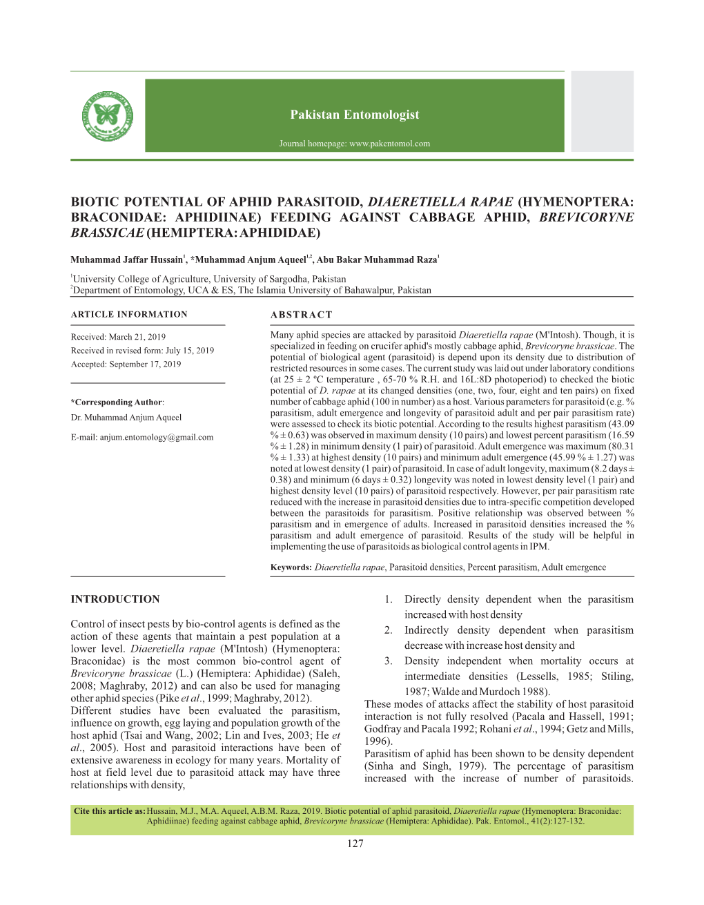 Biotic Potential of Aphid Parasitoid, Diaeretiella