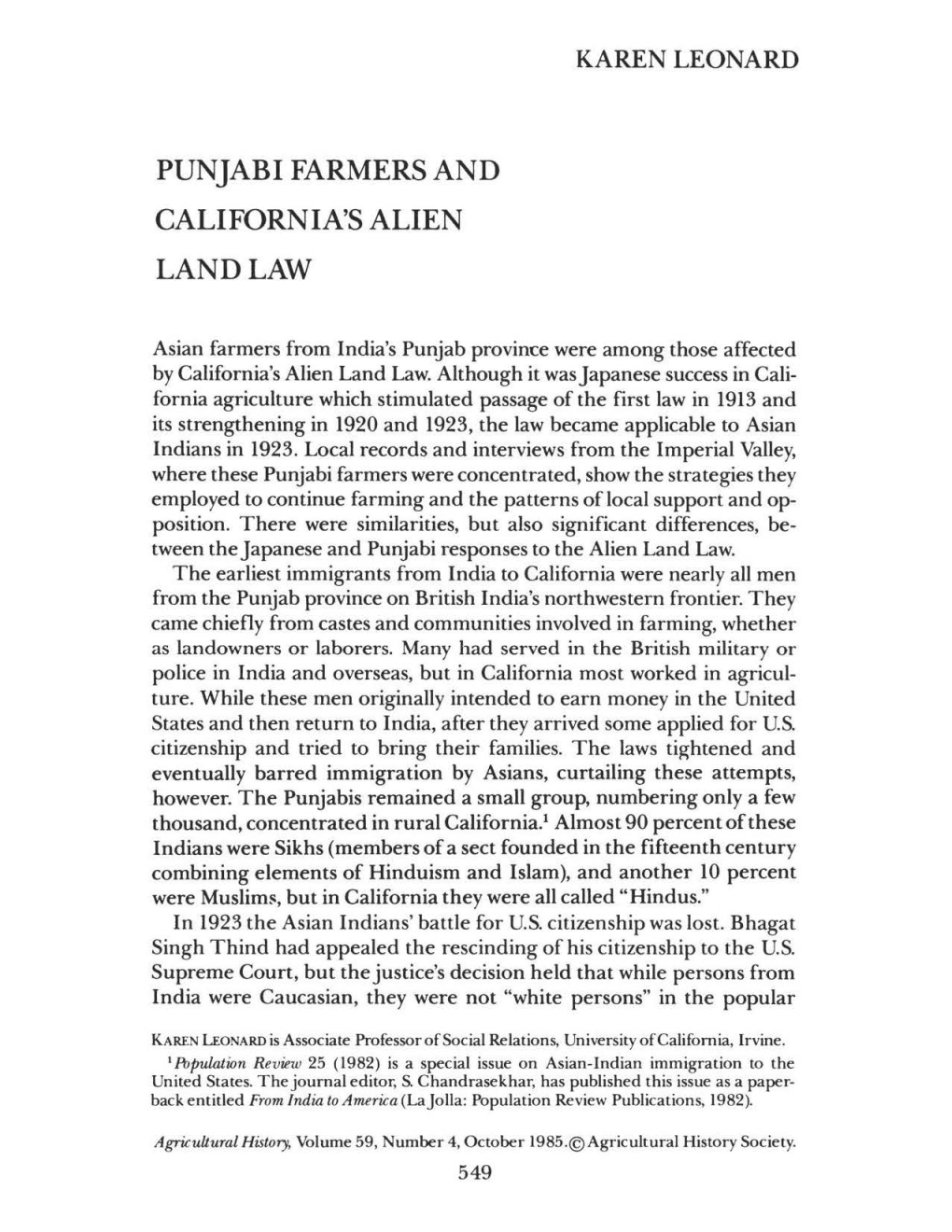 Punjabi Farmers and California's Alien Land Law