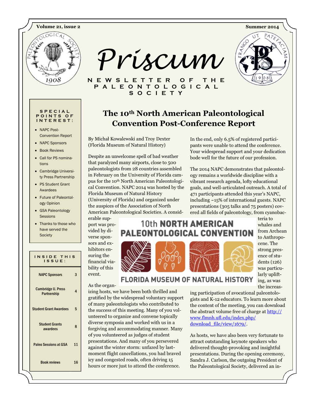 Priscum NEWSLETTER of the PALEONTOLOGICAL SOCIETY