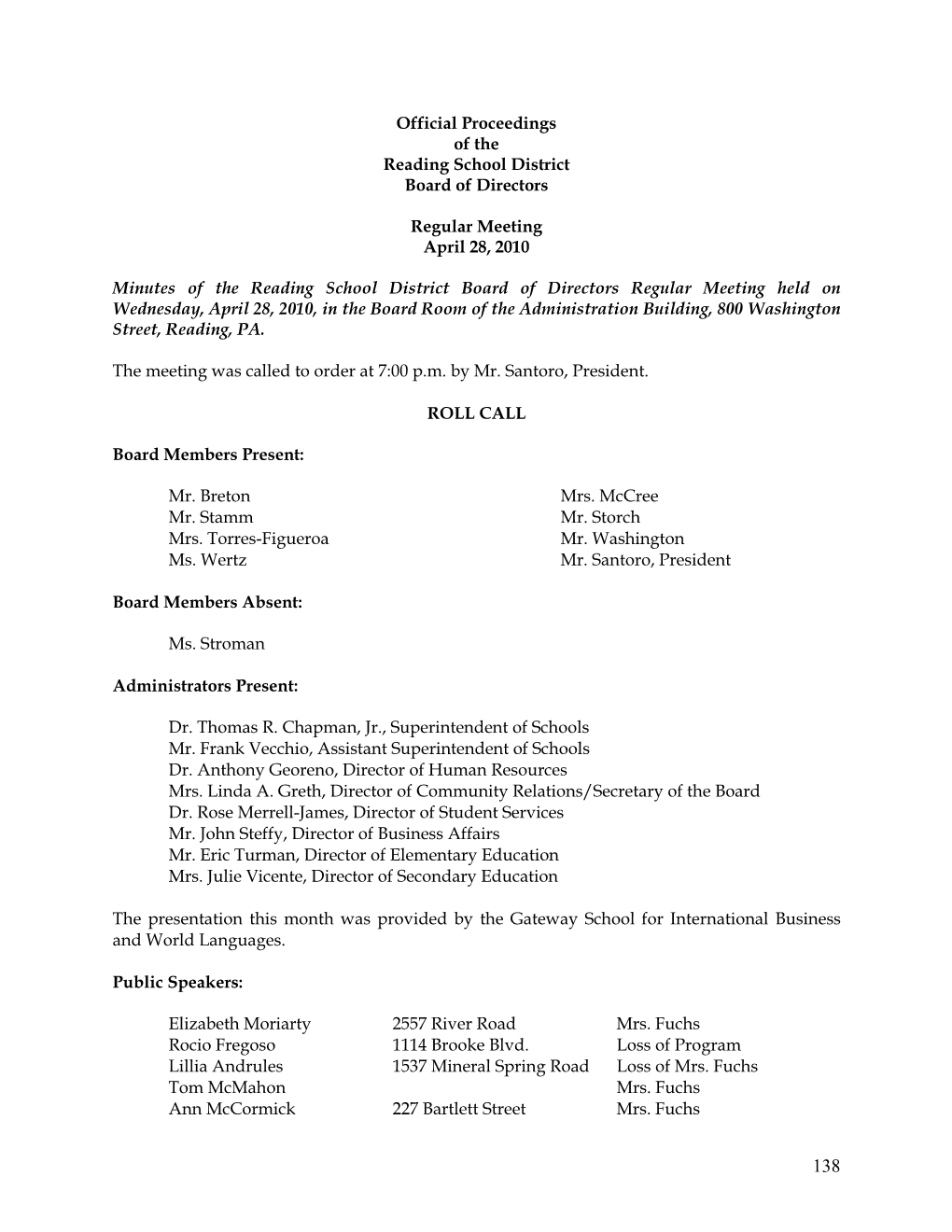 Official Proceedings of the Reading School District Board of Directors