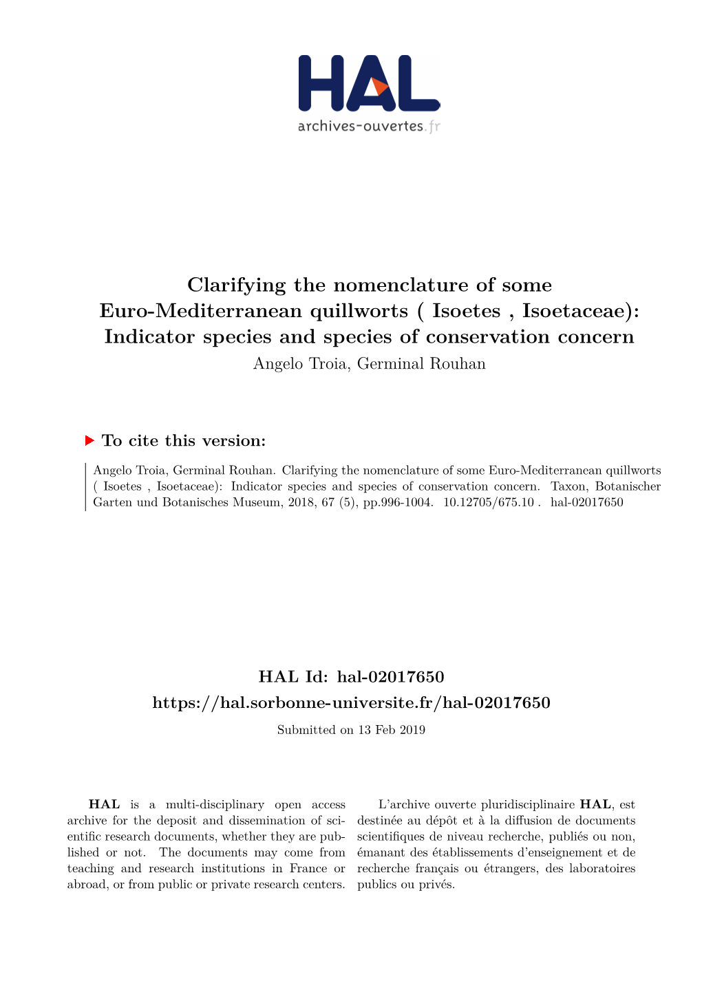 Isoetes , Isoetaceae): Indicator Species and Species of Conservation Concern Angelo Troia, Germinal Rouhan