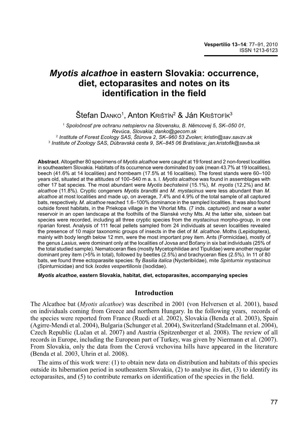 Myotis Alcathoe in Eastern Slovakia: Occurrence, Diet, Ectoparasites and Notes on Its Identification in the Field