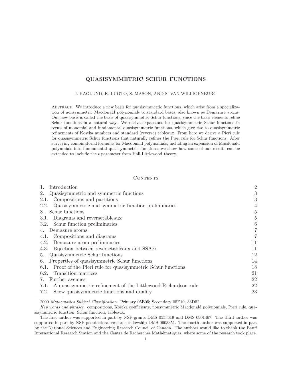 QUASISYMMETRIC SCHUR FUNCTIONS Contents 1