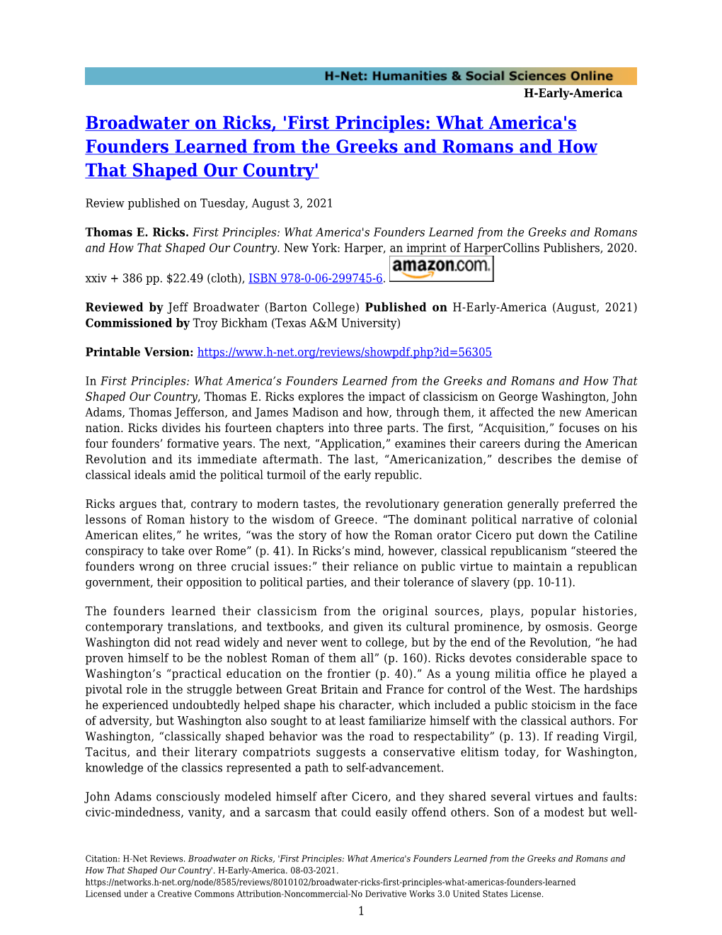 Broadwater on Ricks, 'First Principles: What America's Founders Learned from the Greeks and Romans and How That Shaped Our Country'