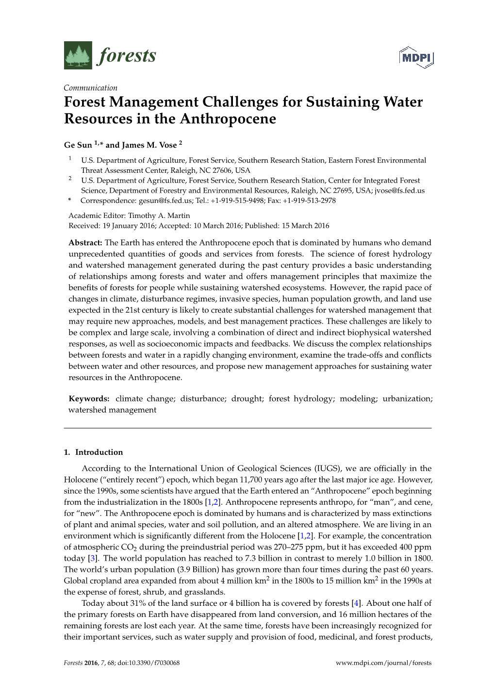 Forest Management Challenges for Sustaining Water Resources in the Anthropocene