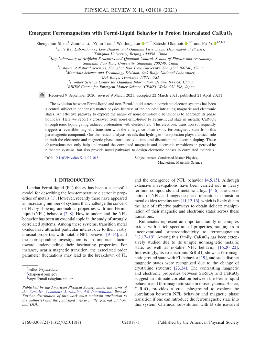 Emergent Ferromagnetism with Fermi-Liquid Behavior in Proton Intercalated Caruo3