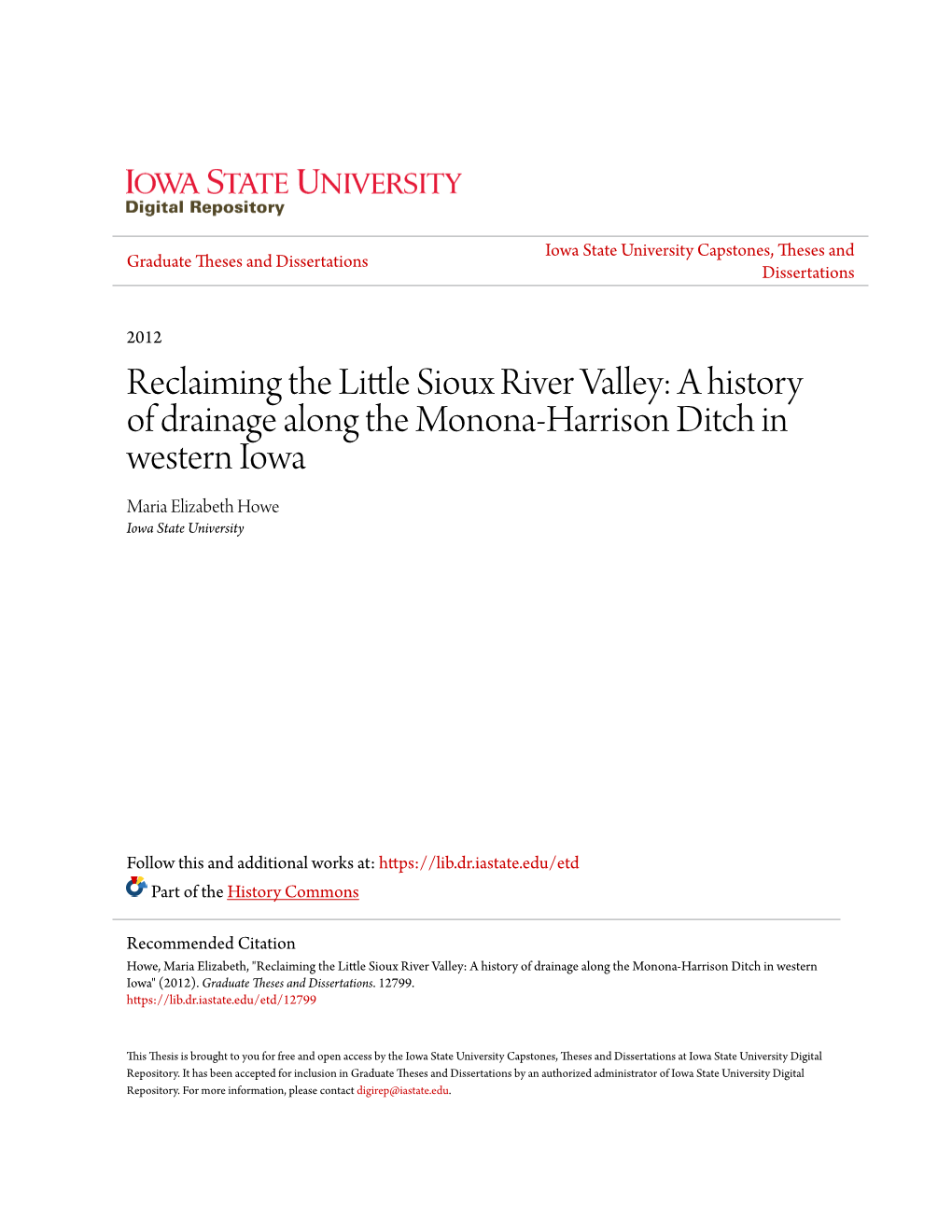Reclaiming the Little Sioux River Valley: a History of Drainage Along the Monona-Harrison Ditch in Western Iowa
