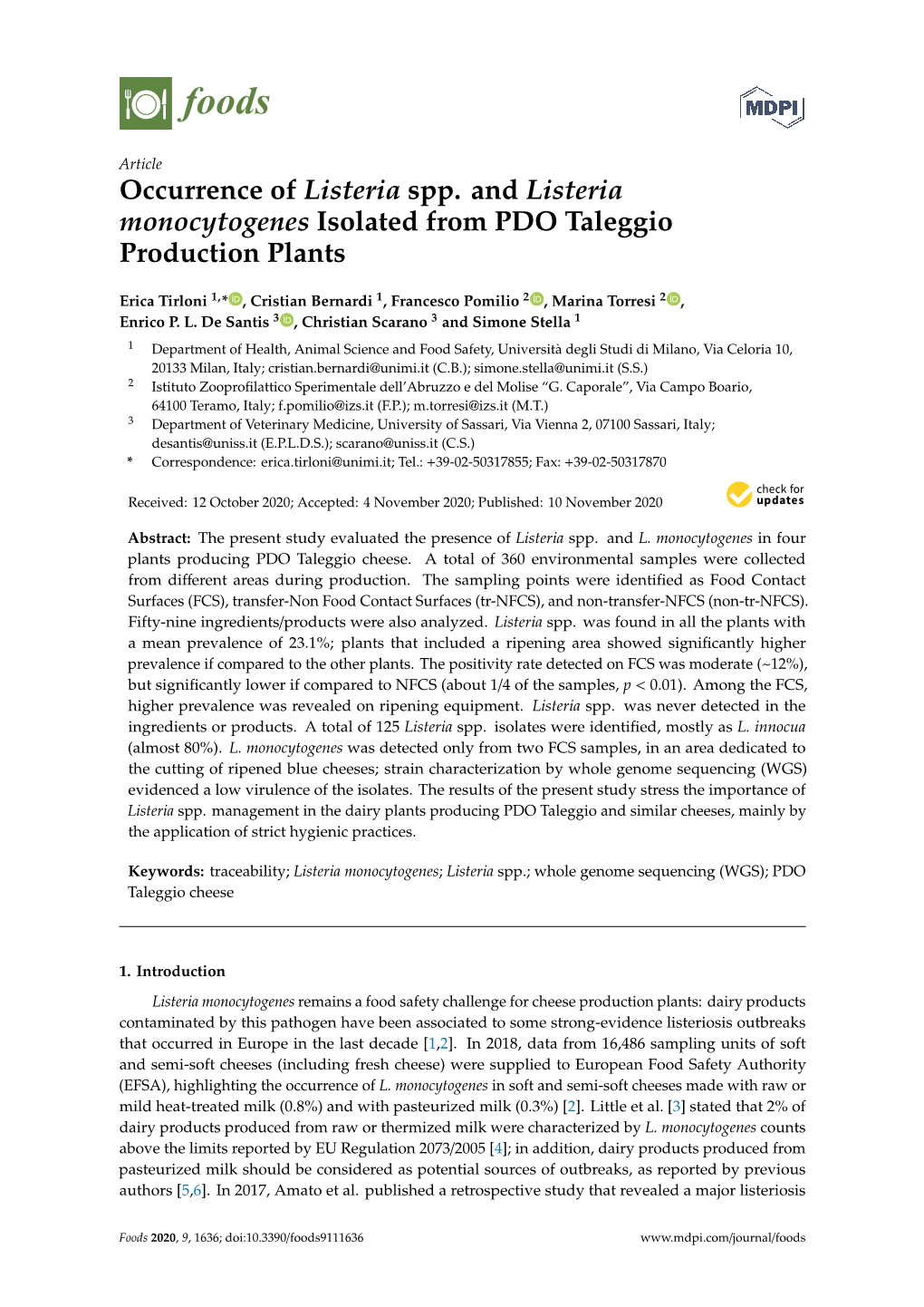 Occurrence of Listeria Spp. and Listeria Monocytogenes Isolated from PDO Taleggio Production Plants