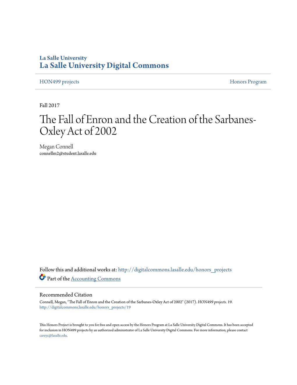 The Fall of Enron and the Creation of the Sarbanes-Oxley Act of 2002