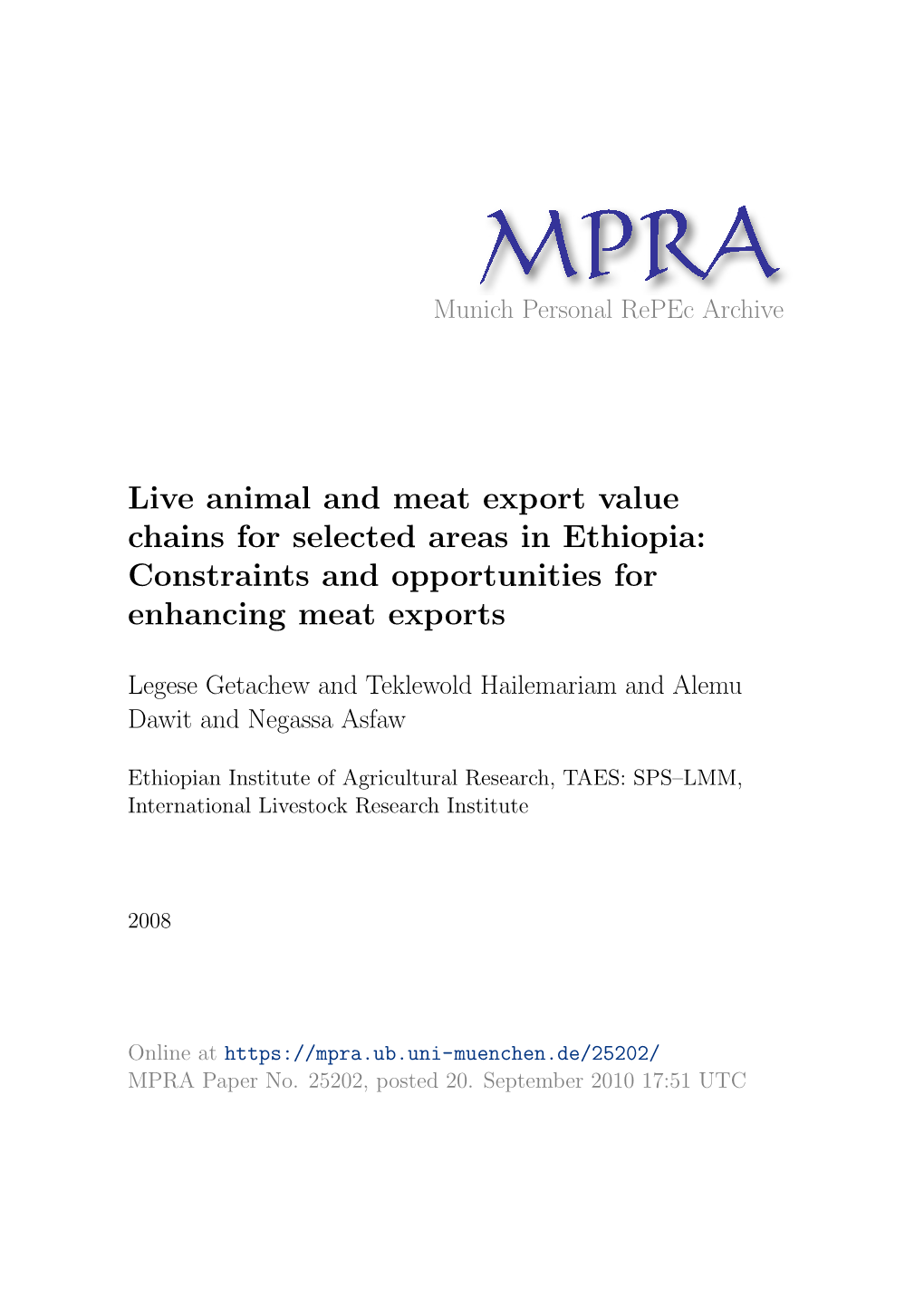 Live Animal and Meat Export Value Chains for Selected Areas in Ethiopia: Constraints and Opportunities for Enhancing Meat Exports