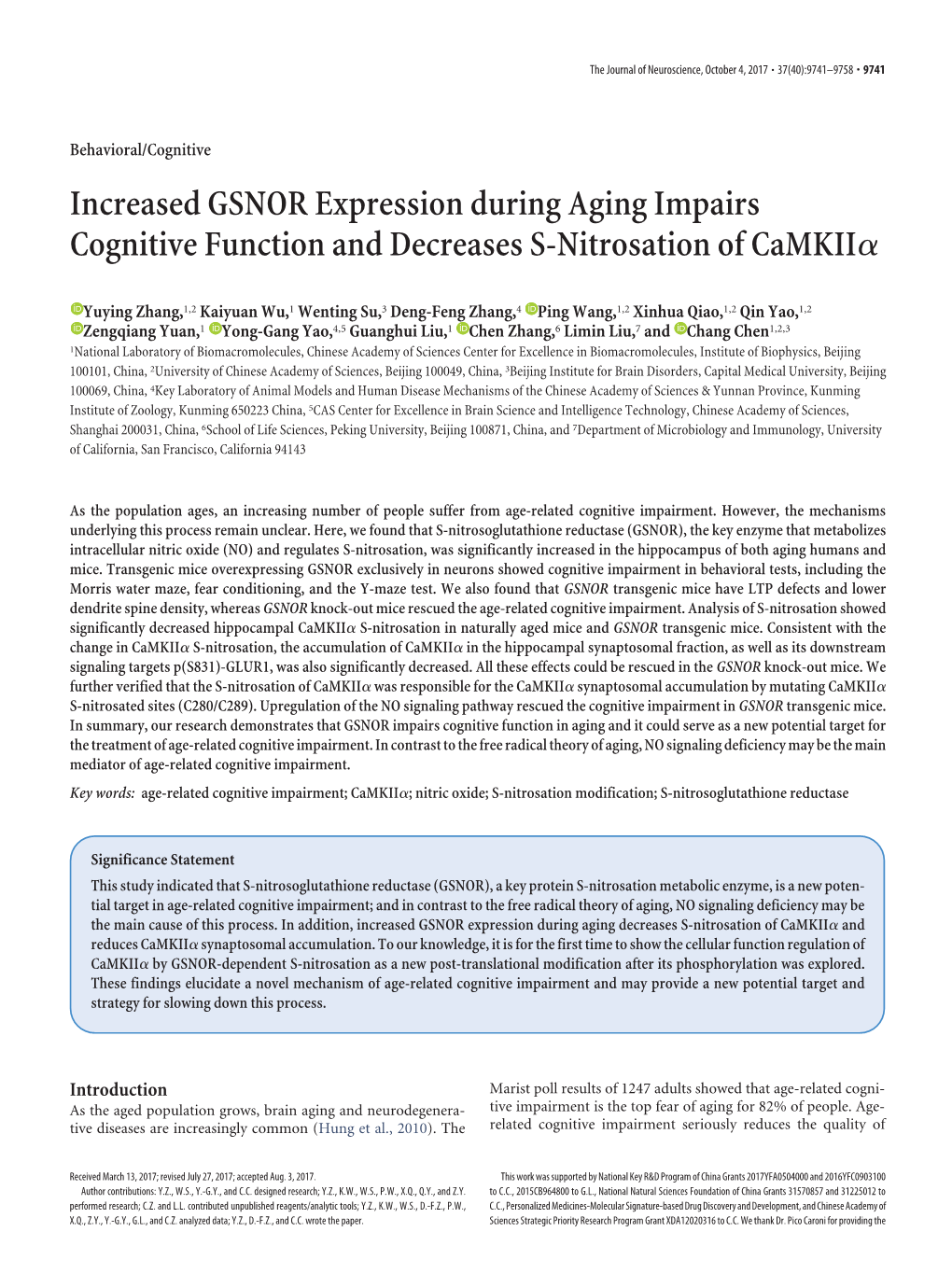 Increased GSNOR Expression During Aging Impairs Cognitive Function and Decreases S-Nitrosation of Camkii␣