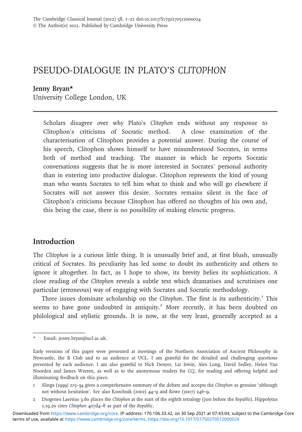 Pseudo-Dialogue in Plato's Clitophon