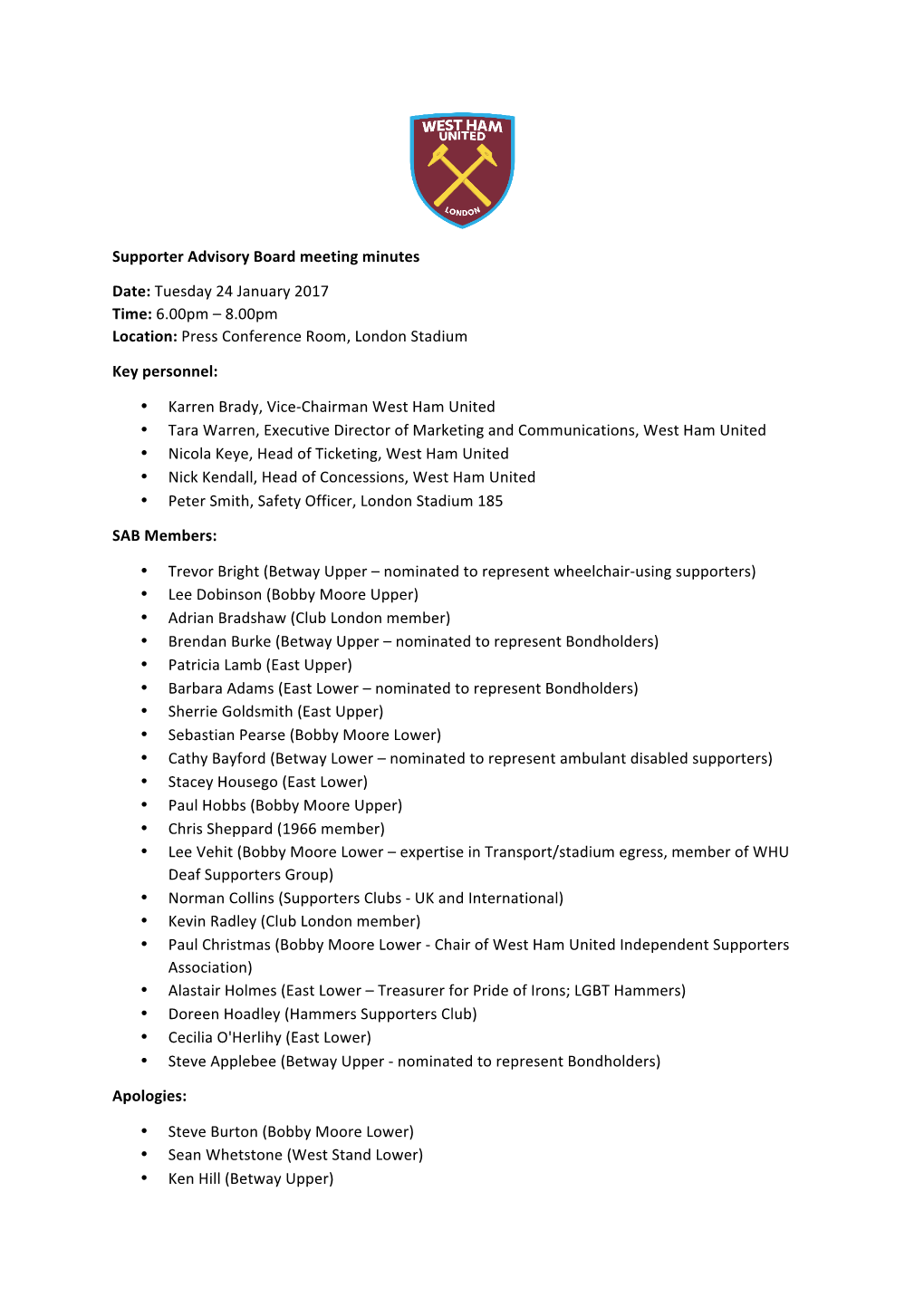 Supporter Advisory Board Meeting Minutes Date