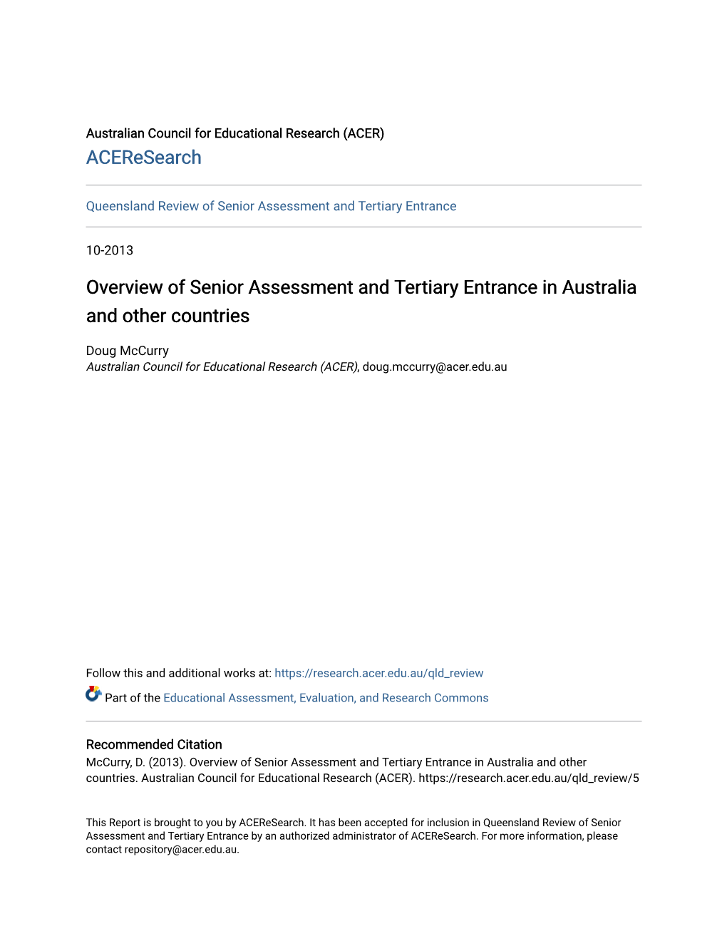 Overview of Senior Assessment and Tertiary Entrance in Australia and Other Countries