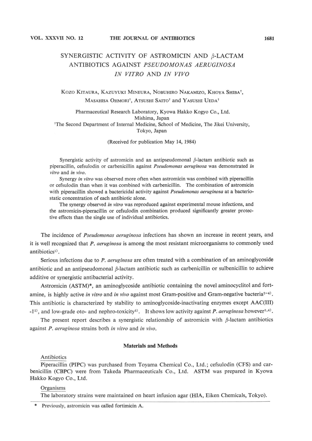 The Incidence of Pseudomonas Aeruginosa Infections Has Shown an Increase in Recent Years, and It Is Well Recognized That P. Aeru