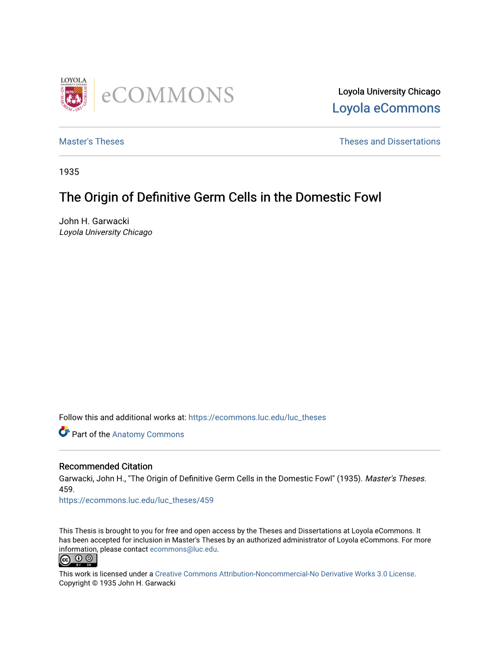 The Origin of Definitive Germ Cells in the Domestic Fowl