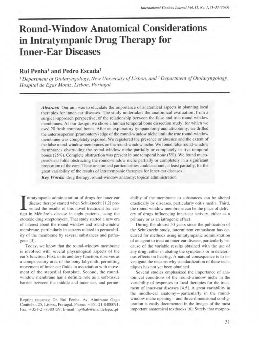 Round-Window Anatomical Considerations in Intratympanic Drug Therapy for Inner-Ear Diseases