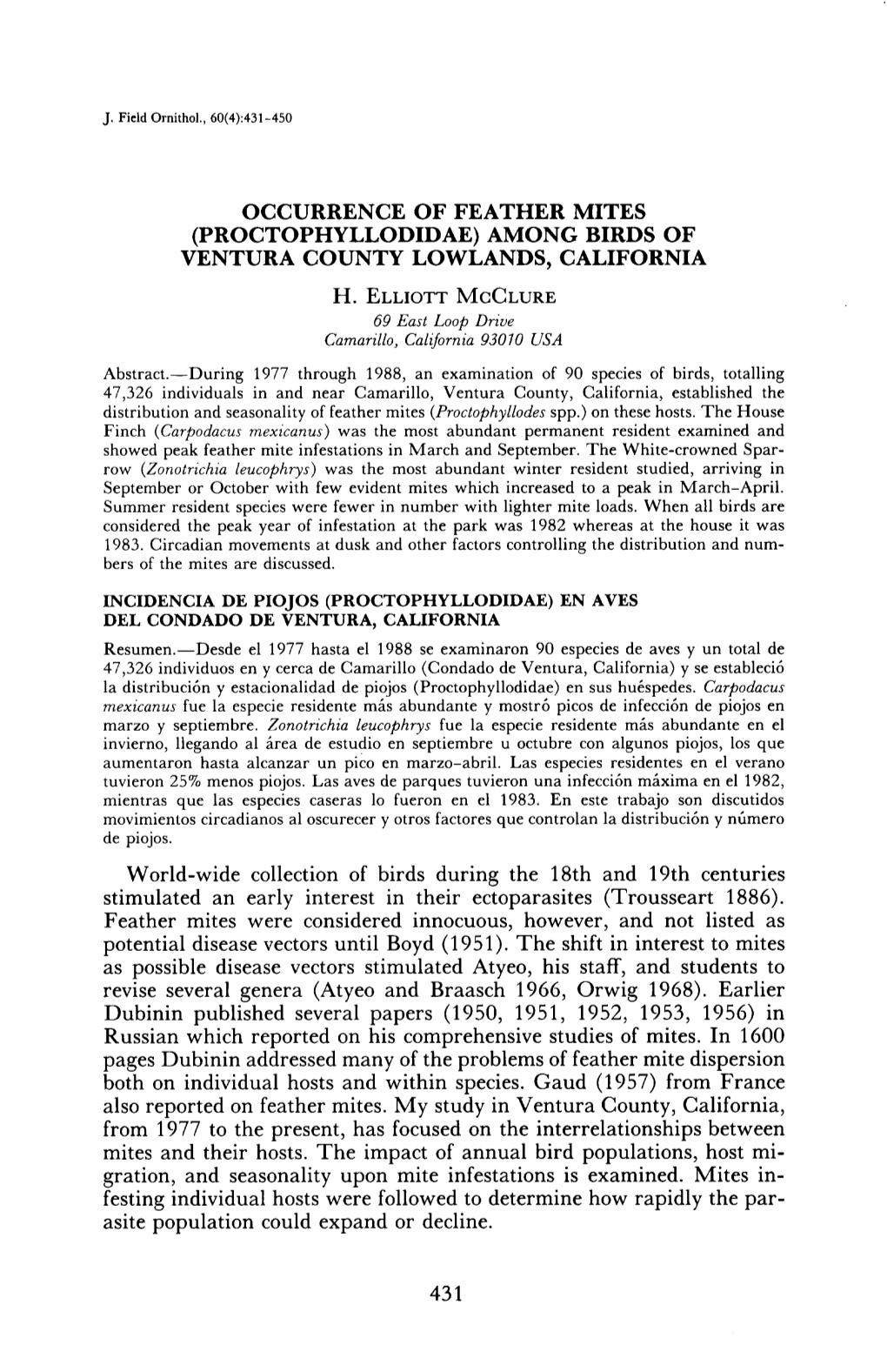 Occurrence of Feather Mites (Proctophyllodidae) Among Birds of Ventura County Lowlands, California