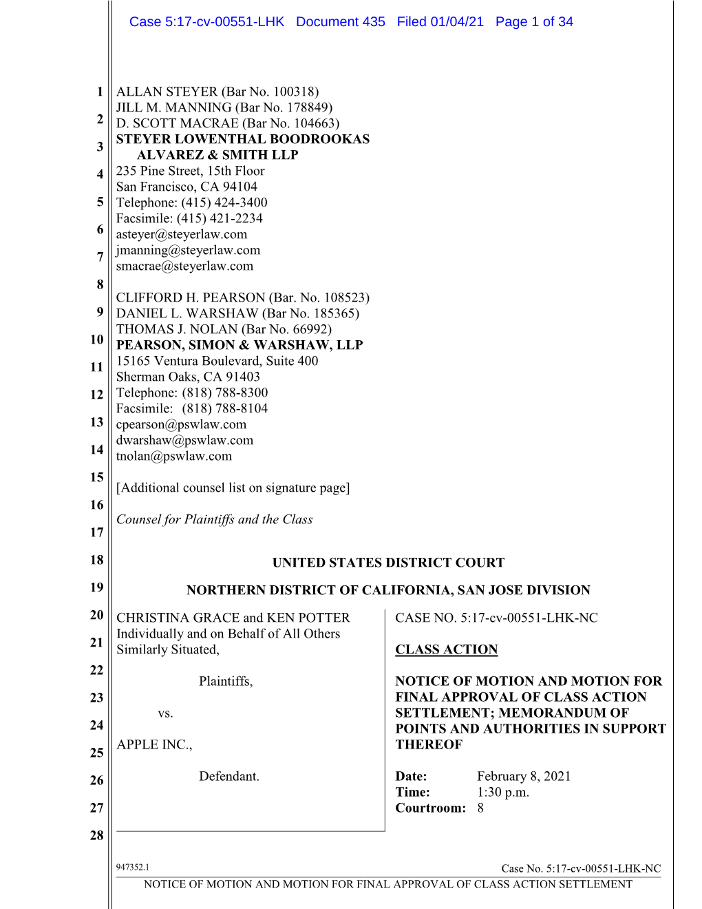 MOTION for FINAL APPROVAL of CLASS ACTION SETTLEMENT Case 5:17-Cv-00551-LHK Document 435 Filed 01/04/21 Page 2 of 34