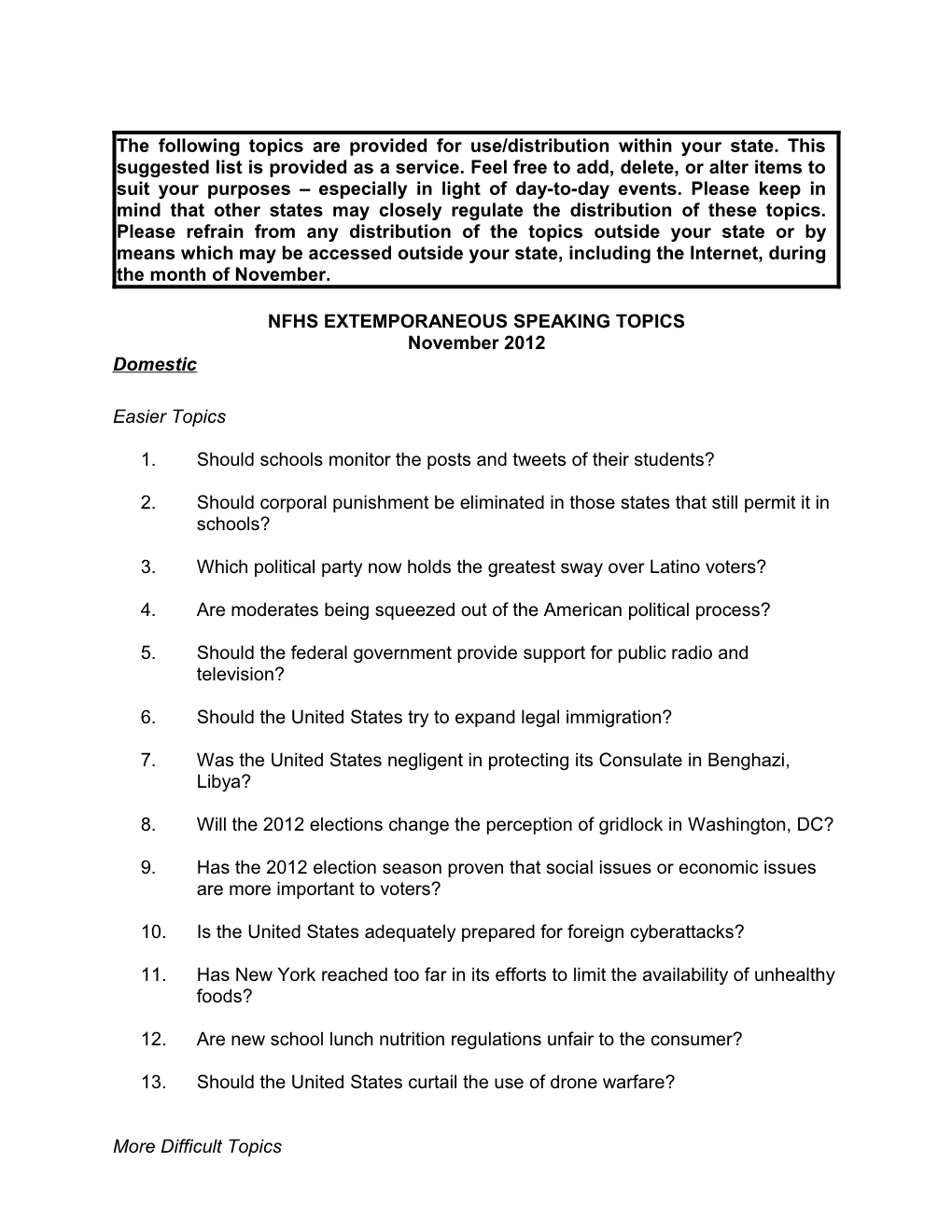 National Federation Extemporaneous Speaking Topics