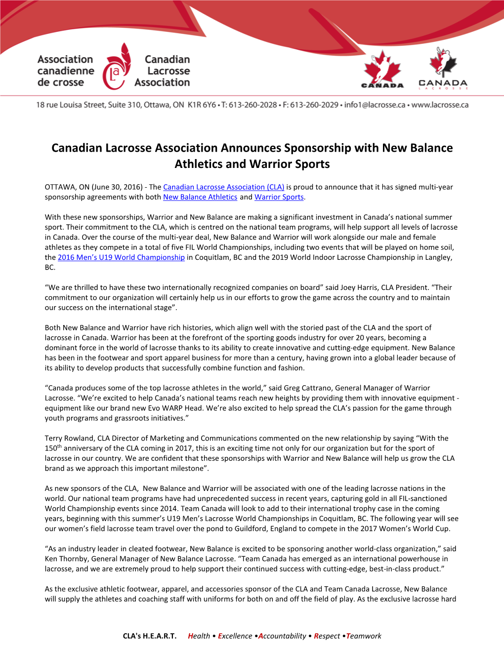 Canadian Lacrosse Association Announces Sponsorship with New Balance Athletics and Warrior Sports