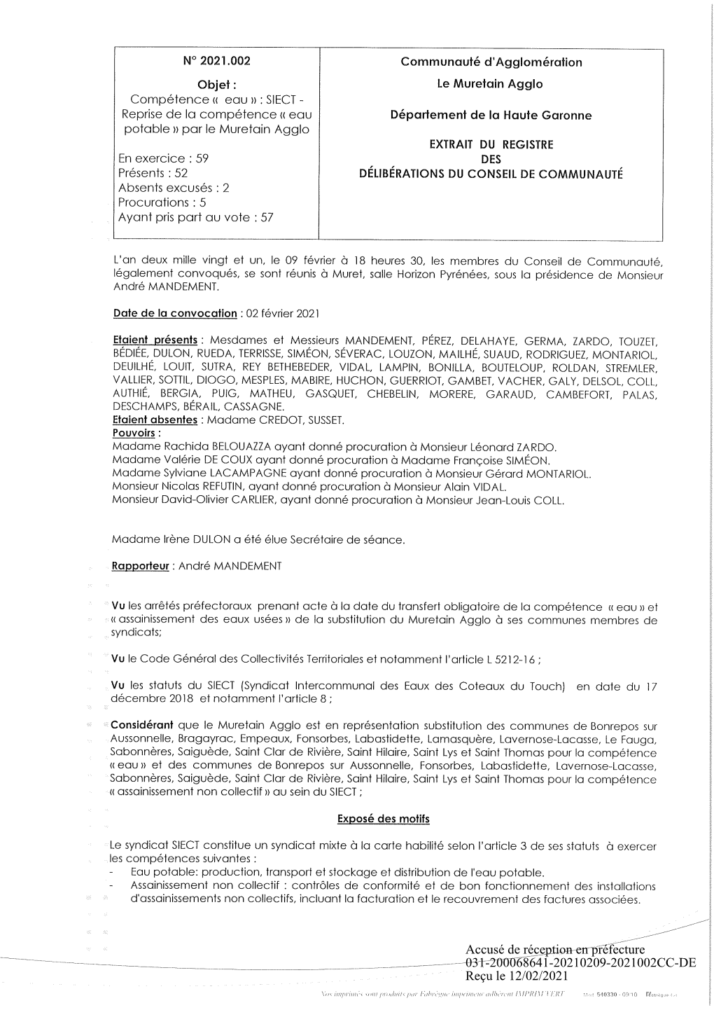 Accusé De Réception En Préfecture 031-200068641-20210209-2021002CC-DE Reçu Le 12/02/2021