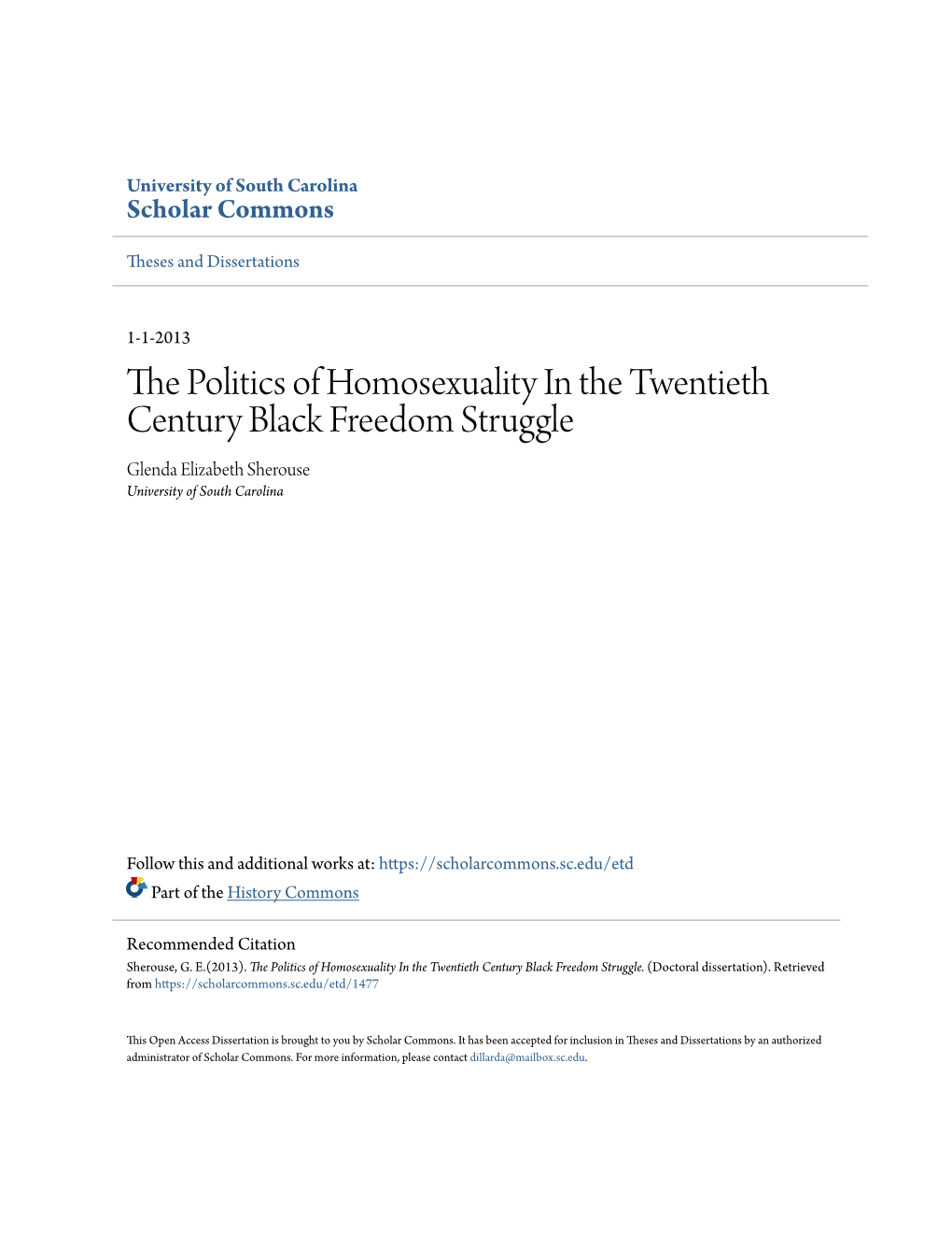 The Politics of Homosexuality in the Twentieth Century Black Freedom Struggle