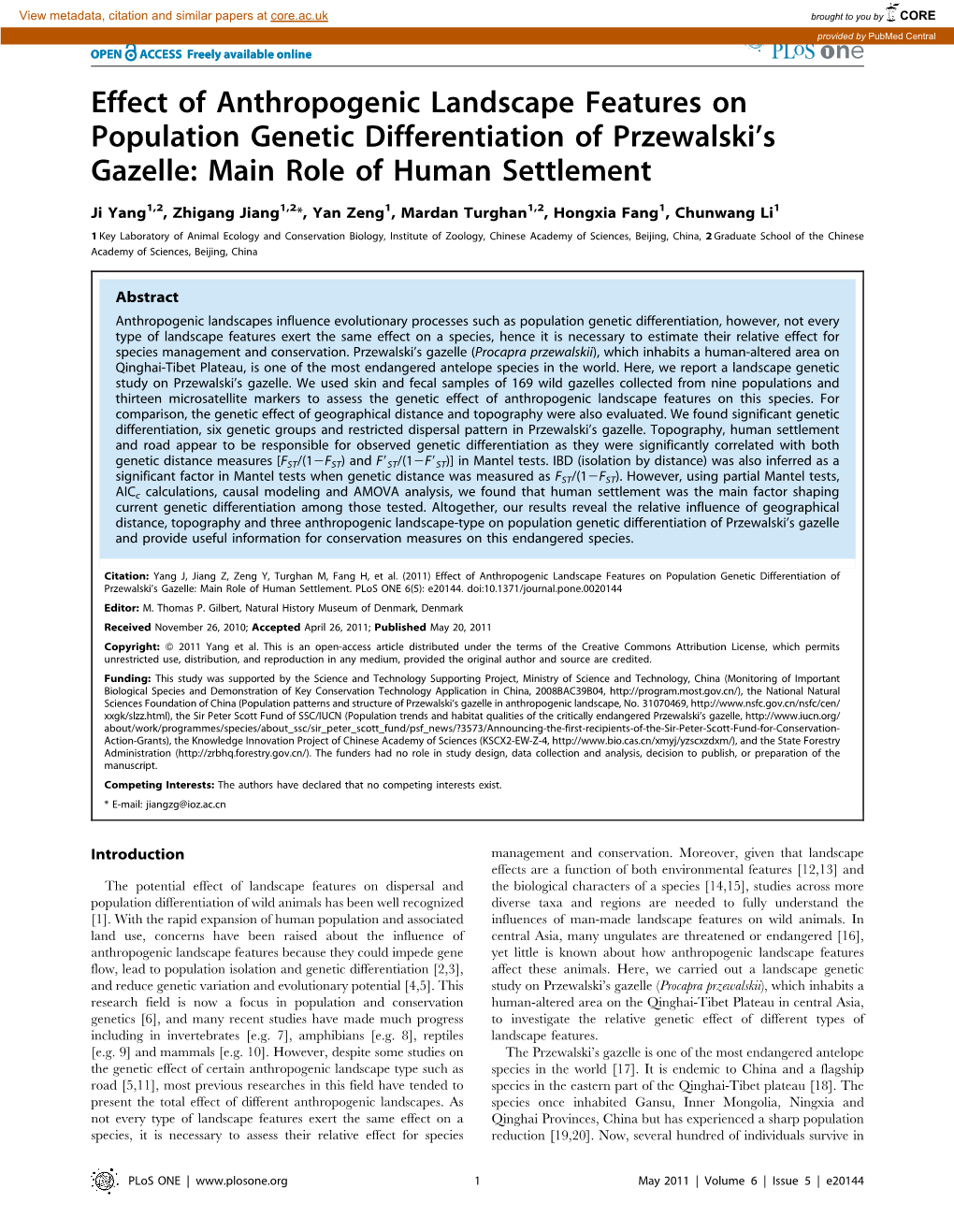 Effect of Anthropogenic Landscape Features on Population Genetic Differentiation of Przewalski’S Gazelle: Main Role of Human Settlement