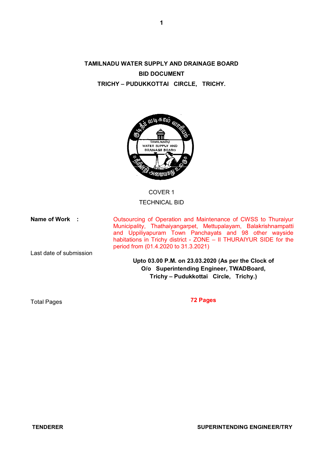 Tamilnadu Water Supply and Drainage Board Bid Document Trichy – Pudukkottai Circle, Trichy