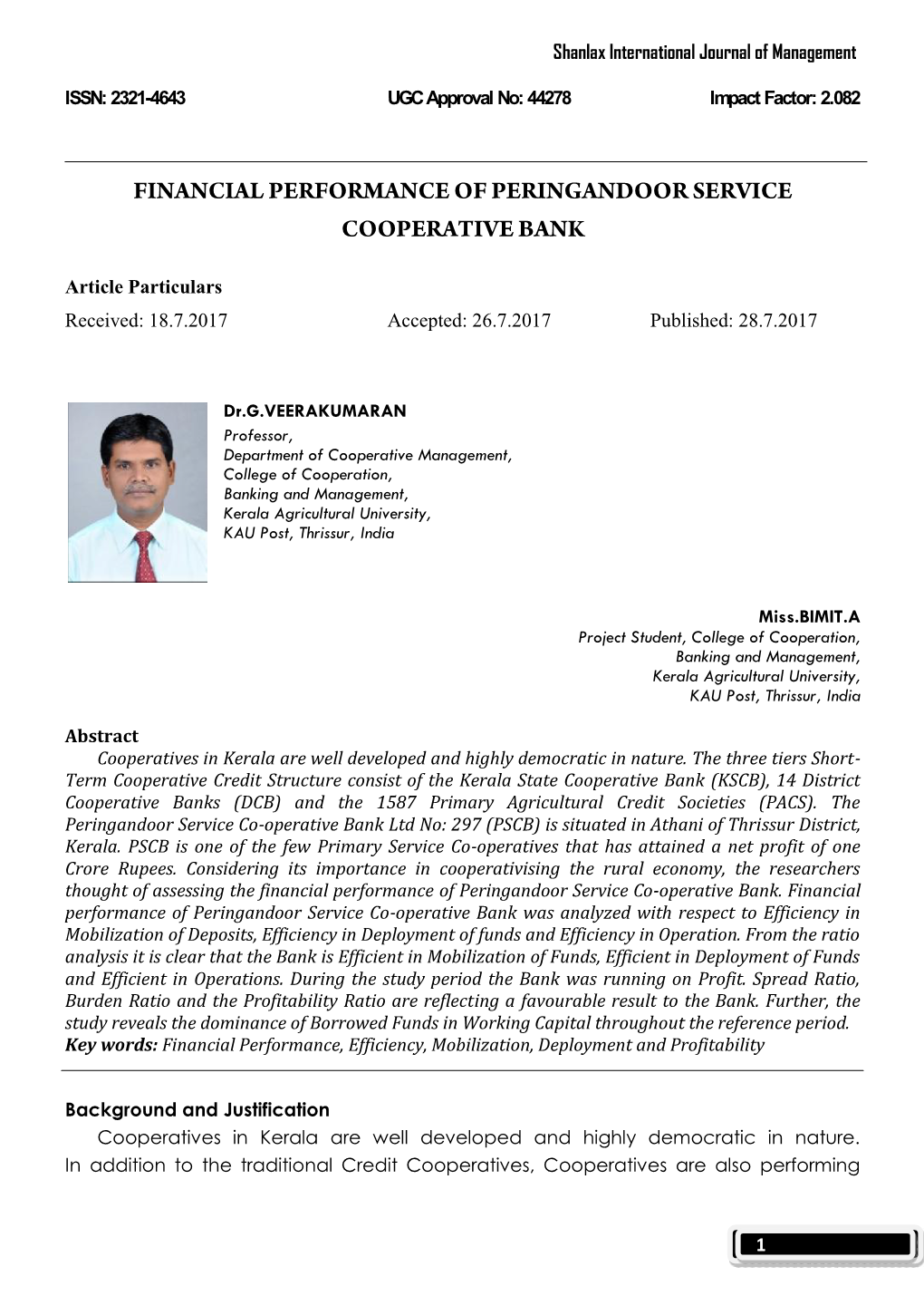 Financial Performance of Peringandoor Service Cooperative Bank