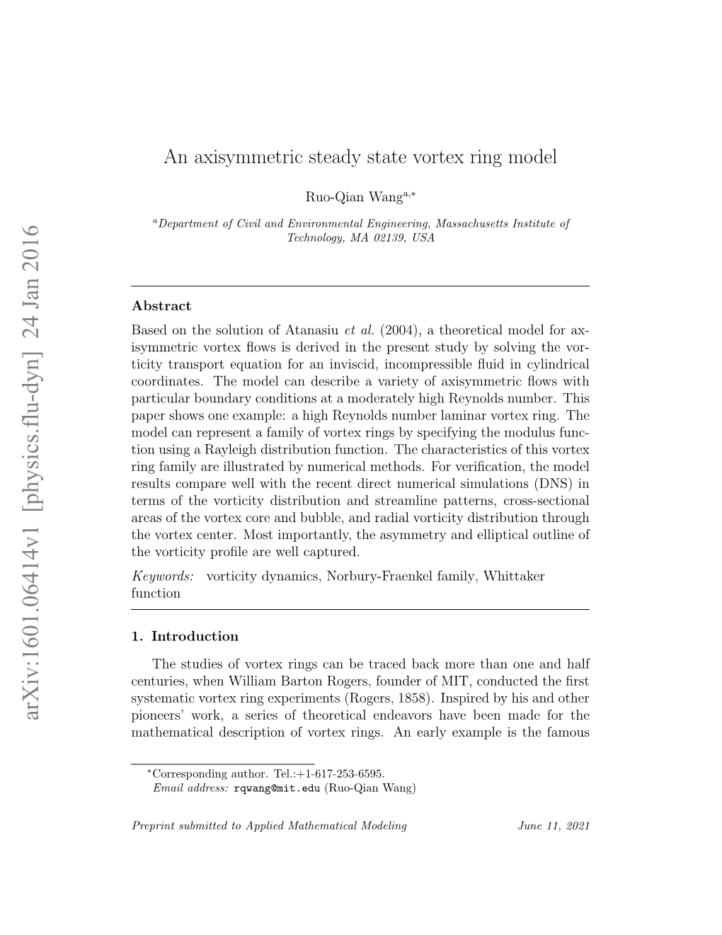 An Axisymmetric Steady State Vortex Ring Model