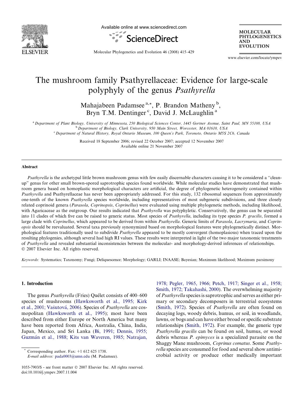 Evidence for Large-Scale Polyphyly of the Genus Psathyrella