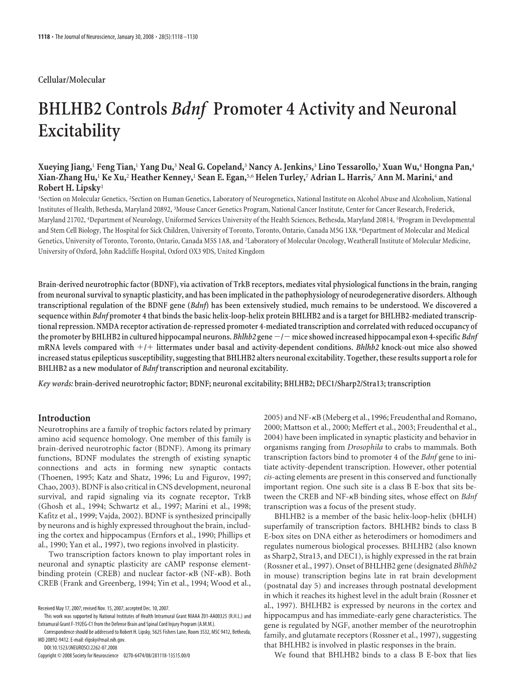 BHLHB2 Controlsbdnf Promoter 4 Activity and Neuronal Excitability