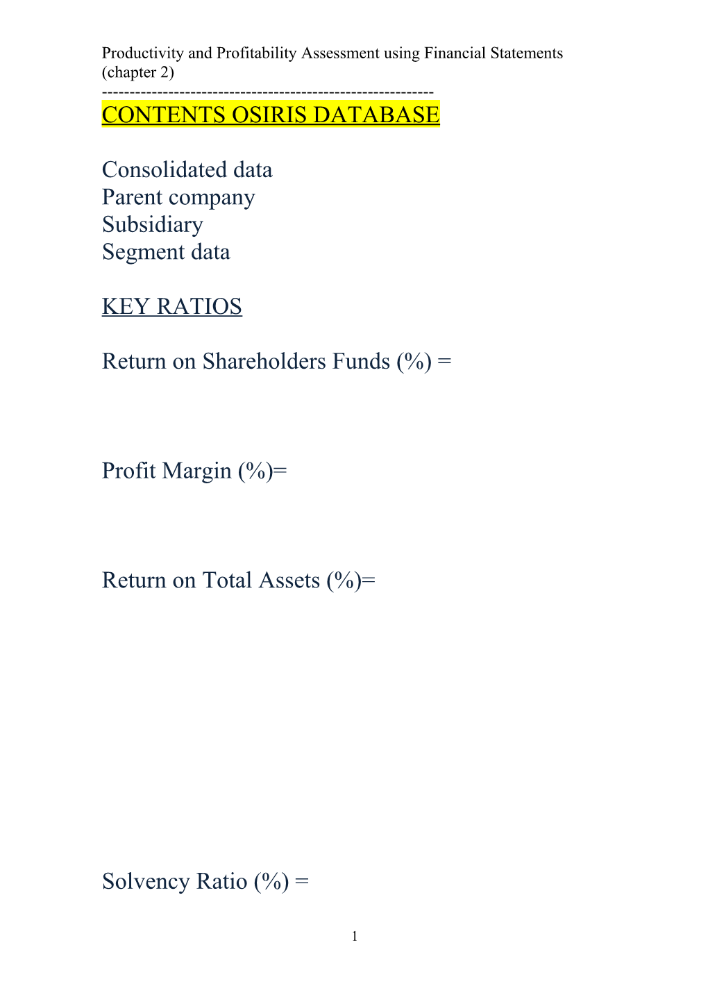 Productivity and Profitability Assessment Using Financial Statements (Chapter 2)