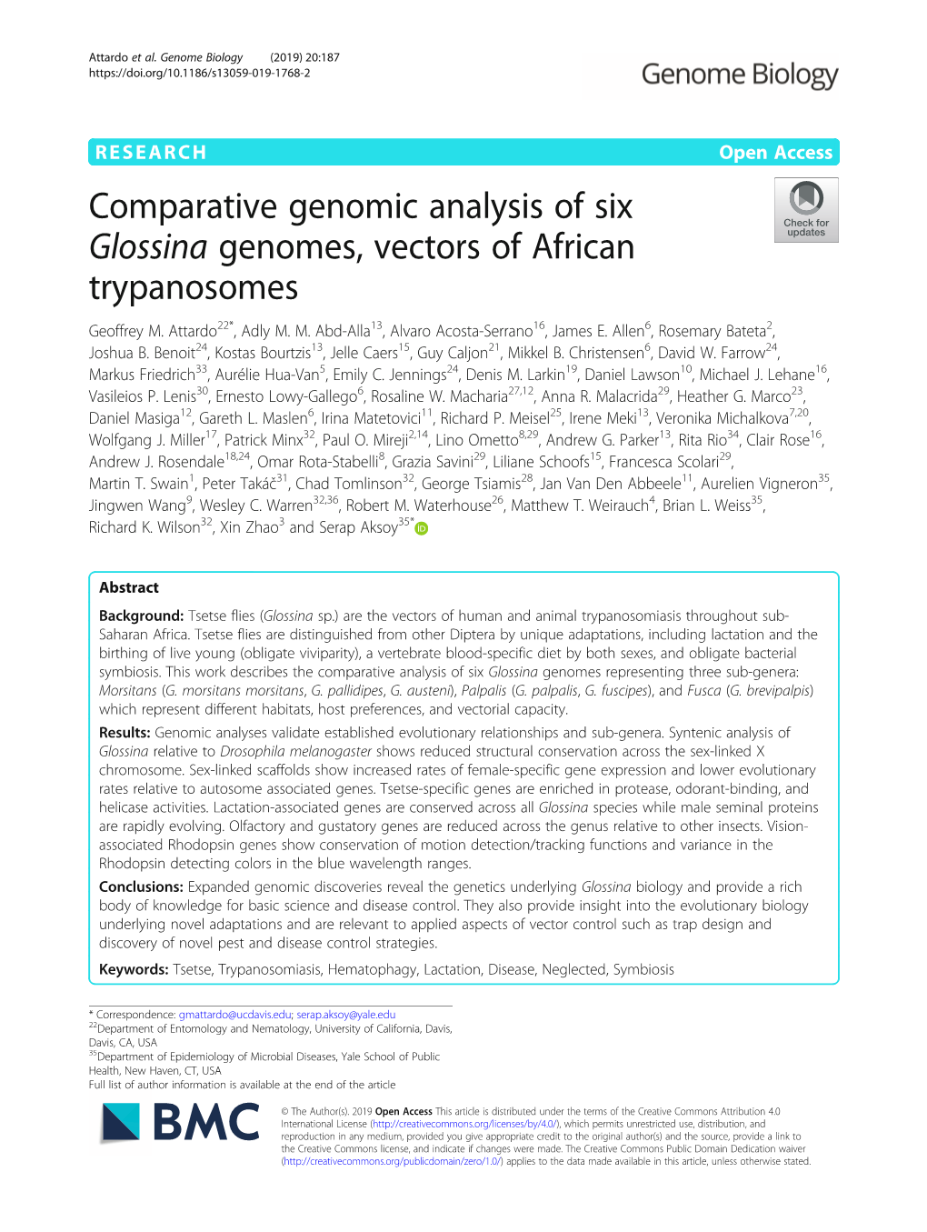 Comparative Genomic Analysis of Six Glossina Genomes, Vectors of African Trypanosomes Geoffrey M