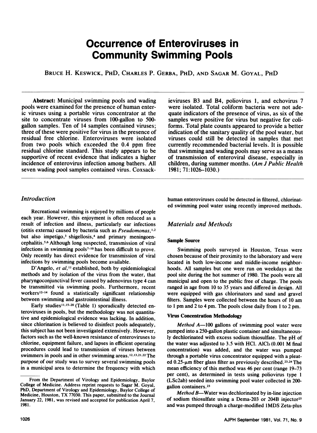 Occurrence of Enteroviruses in Community Swimming Pools